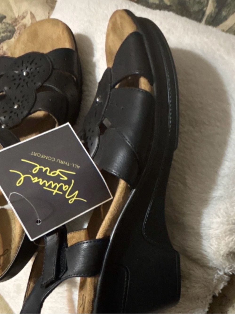 Franco Sarto Black Leather Slip-On Sandals with Floral Cutout
